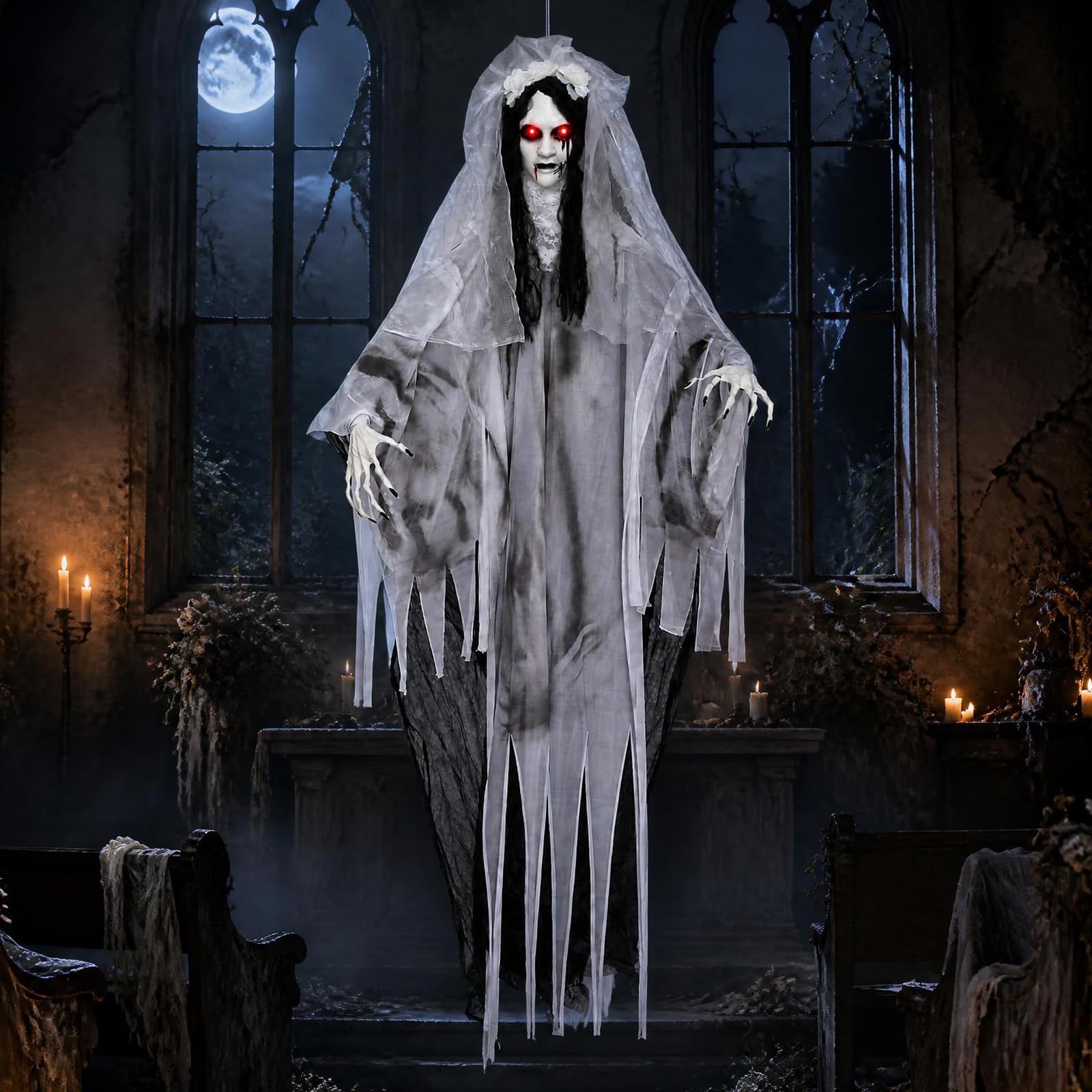 Tangkula 6 FT Animated Halloween Ghost Bride Decoration with Lighted Eyes
